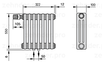 Схема (чертеж) Радиатор Zehnder Charleston 3055/7 №V007 Белый глянцевый RAL 9016